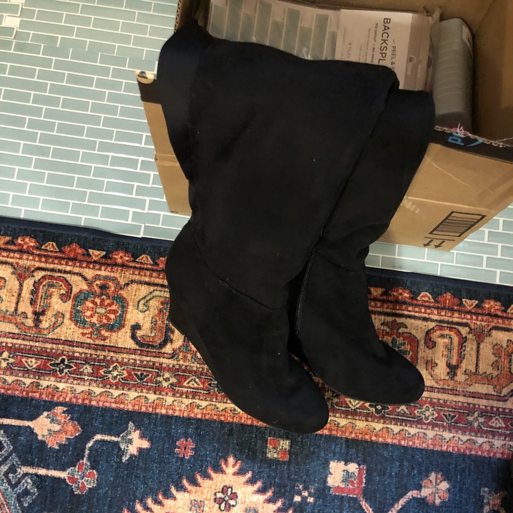 Faux black suede platform wedge knee boot large calf size 10